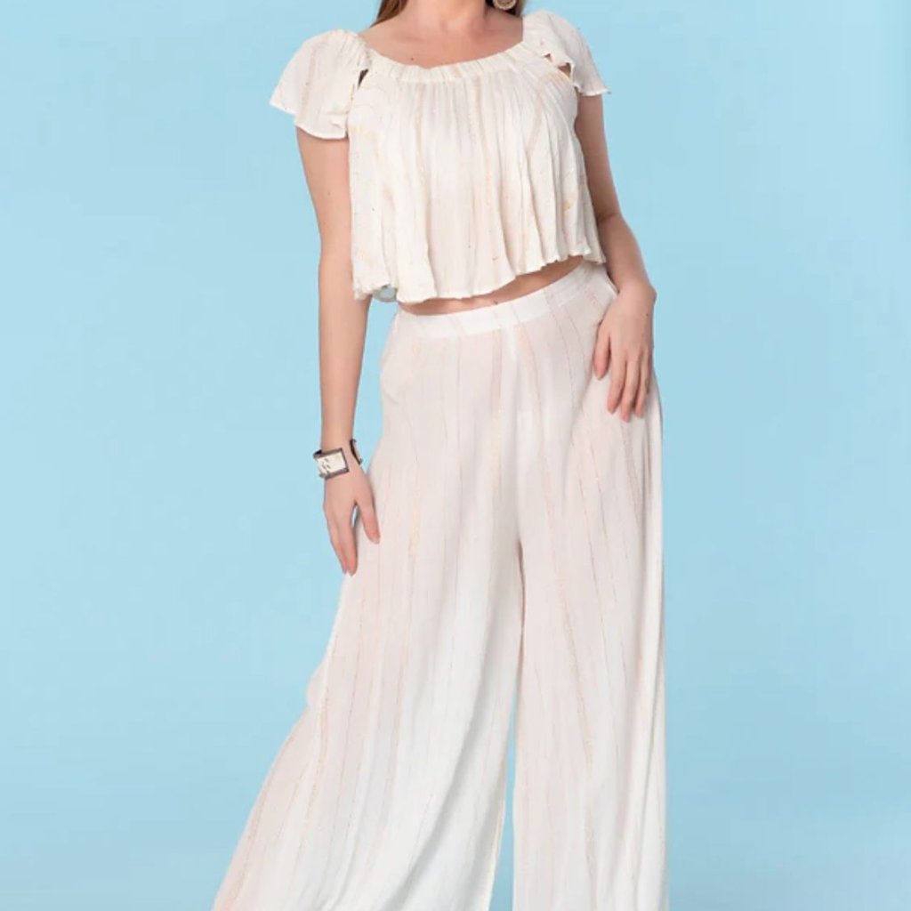 Ranees Off-Shoulder Top & Wide-Leg Pants Palazzo Two-Piece White Bohemian Set